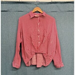 Les Soeurs Med Red White Stripe Button Down Shirt Twisted Knot Front Oversized